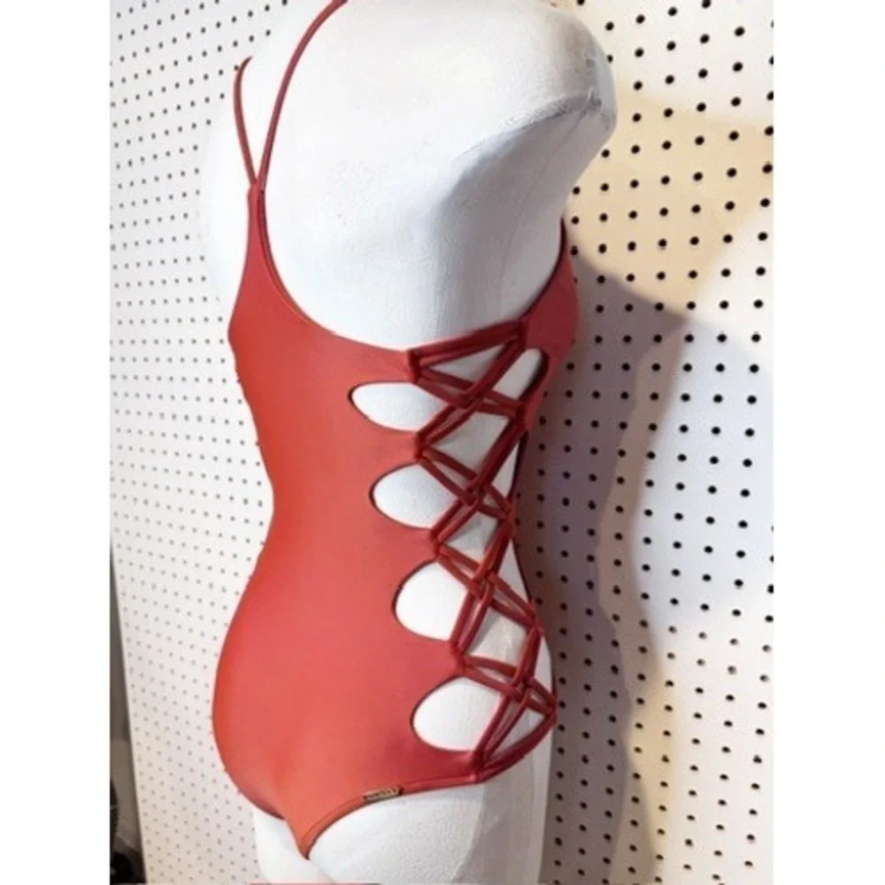 Body Glove | Rust Orange Lattice Side Cutout One Piece Swimsuit‎ V-Neck